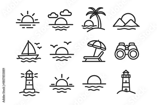 Sunset Icon Collection. Sunset views. Line icon set of Sunset views: sun, horizon, clouds, ocean waves, palm tree, mountain, boat, birds, beach umbrella, deck