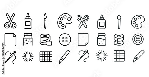Crafting tools icon set: scissors, glue, paintbrush, palette, needle, cutting mat