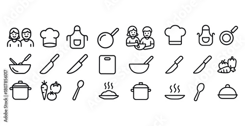 Outline icons of cooking tools and chefs in kitchen setting