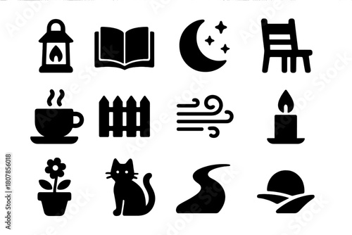 Evening Reading Icons. Evening reading outdoors. Solid icon set of Evening reading outdoors: lantern, open book, crescent moon, stars, chair, tea cup, garden