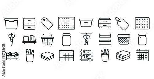 Collection of organization and storage icons in simple black line design