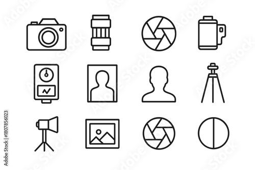 Black and White Icons. Black and White Photography. Line icon set of Black and White Photography: camera, lens, shutter, photo roll, light meter, portrait,
