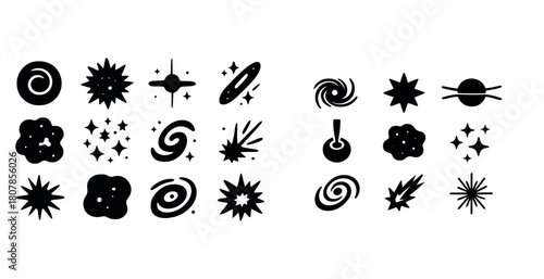 Set of abstract celestial icons and symbols in black and white