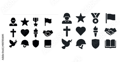 Military and peace symbols collection: stars, medals, flags, and more