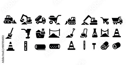 Construction icons set: machines, equipment, tools, cones, barriers