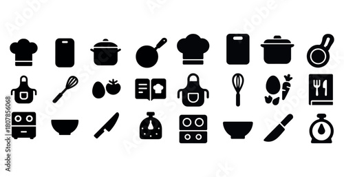 Silhouette kitchen utensils collection featuring cookware and chef hats