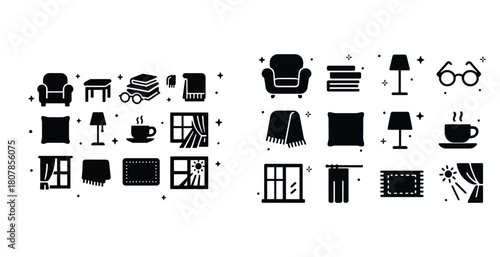 Cozy home silhouette icons: furniture, decor, and comfort elements