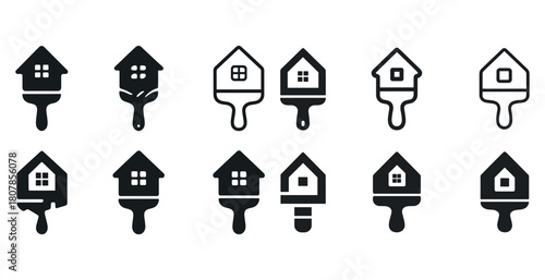 House and paintbrush icon set illustrating home improvement and renovation