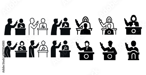 Icons of individuals speaking at podiums: silhouettes and outlines for public speaking