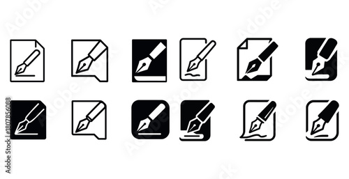 Set of fountain pen icons in various styles and formats for writing and documents