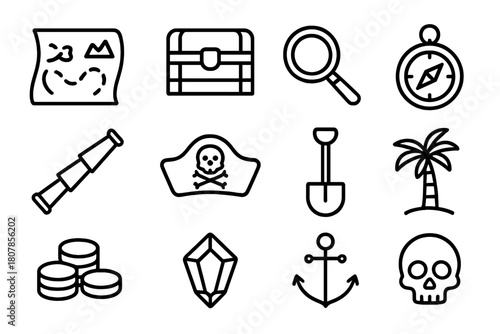Treasure Hunt Icons. Searching for hidden treasure. Line icon set of searching for hidden treasure: treasure chest, map, magnifying glass, compass, pirate hat,