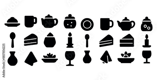 Silhouette set of kitchen utensils, food items, and tableware