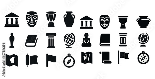 Assorted black icons: artifacts, landmarks, maps, symbols, and instruments