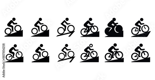 Silhouette icons of cyclists on inclines and slopes