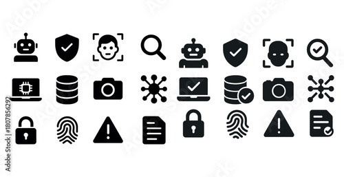 Technology icons: robots, security, ai, biometrics, data in black and white