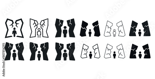 Silhouette figures with cracked x symbols in black and white pattern