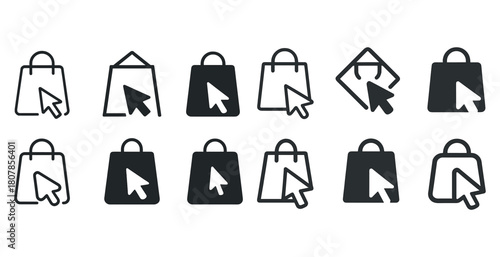 Set of shopping bag icons with cursor arrow for e-commerce and online shopping