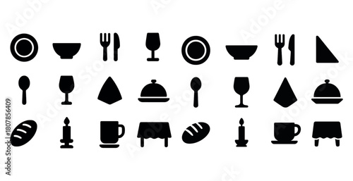 Collection of dining icons: plates, utensils, glasses, napkins, and more dinnerware symbols