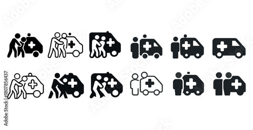 Emergency medical icon set showing ambulance and paramedic symbols in various styles