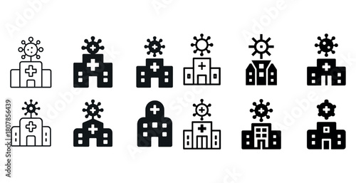 Hospital icons set featuring coronavirus symbol with cross and roof designs