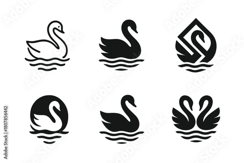 Elegant Swan Logos. Swans. Icon set. Set Logo of swans: elegant swan silhouette gliding on rippling water. harmonious logo variations of the same emblematic