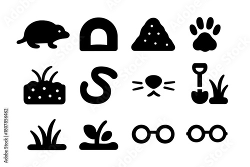 Underground Animal Icons. Underground Life. Solid icon set of Underground Life: mole, tunnel, dirt mound, digging paws, soil, worm, whiskers, nose, grass,