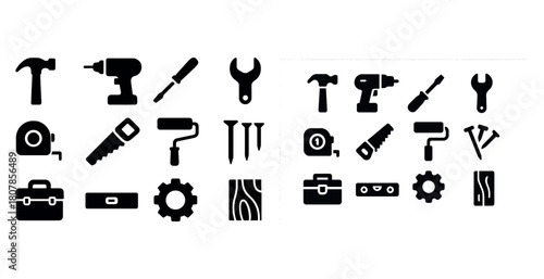 Set of black tool icons including hammer, drill, and wrench for construction and repair