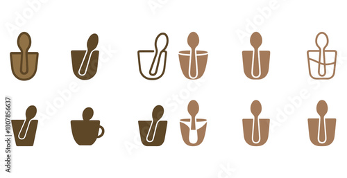 Set of eleven minimalist mortar and pestle icons in various shades of brown