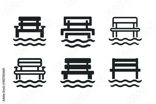 Empty Bench Icons. Empty bench. Icon set. Set Logo of empty bench: bench by lake. harmonious logo variations of the same emblematic concept, each