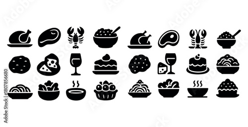 Icon set of diverse foods and beverages in monochrome style