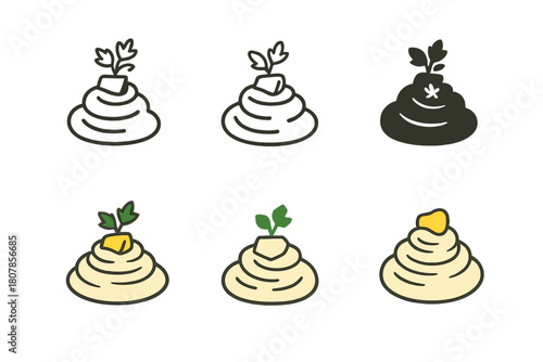 Mashed Potato Logo Variations. Mashed potato mound. Icon set. Set Logo of mashed potato mound: mound with parsley garnish and butter pat. harmonious logo