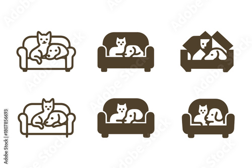 Pet-Friendly Home Logos. Pet-friendly home ideas. Icon set. Set Logo of pet-friendly home ideas: house silhouette with paw print inside. harmonious logo