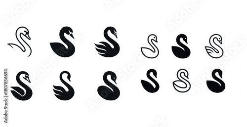 Various swan silhouettes in artistic black and white icon set