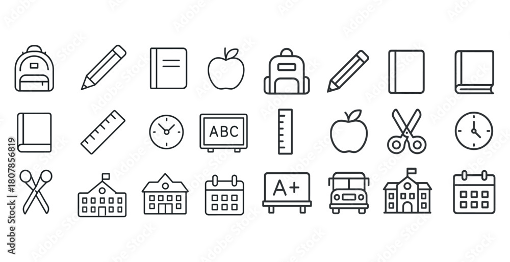 Fototapeta premium Minimalist line icons of school supplies and education elements