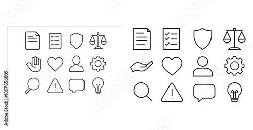Assorted minimalist icons featuring documents, shields, scales, and common symbols