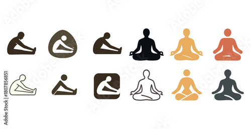 Set of diverse yoga pose icons in various colors and styles