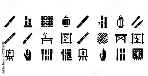 Traditional asian art icons set: tools, bamboo, lanterns, patterns, easel