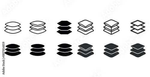 Geometric icon set: hexagons and stacks in various styles and shades