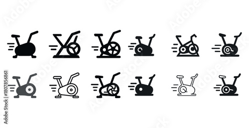 Set of exercise bike icons in various styles and designs