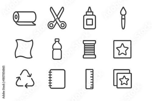 Recycled Craft Tools Icons. Recycled creativity. Line icon set of recycled creativity: paper roll, scissors, glue bottle, paint brush, fabric piece, bottle,