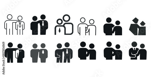 Business teamwork icons set showing collaboration and partnership