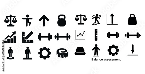 Fitness and balance assessment icons with equipment and graphs