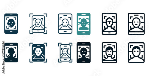 Set of facial recognition icons featuring diverse styles and profiles
