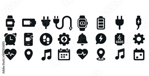 Set of smartwatch, battery, and fitness icons in black and white