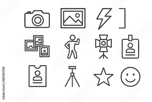 Media Icon Set. Media Coverage. Line icon set of Media Coverage: camera, microphone, television, press badge, person, flash, chat bubble, logo wall, crowd,
