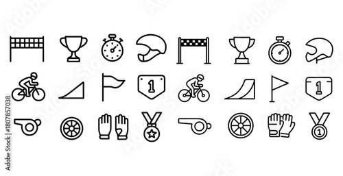 Cycling icons set: helmets, medals, bikes, trophies, races