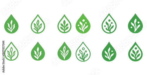 Green leaf icons with organic patterns in various shades and designs