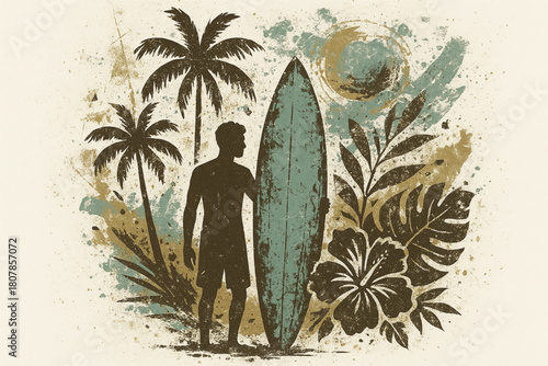 Artistic silhouette illustration featuring a surfer, palm trees, hibiscus flower, and tropical foliage. Ideal for beach-themed editorial, merchandise, and retro design projects.