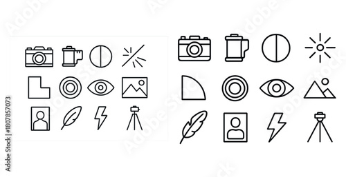 Photography icon set: cameras, lenses, sun, tripods, portraits, flash symbols