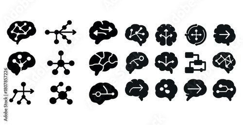 Set of brain and network icons depicting neural connections and data flow